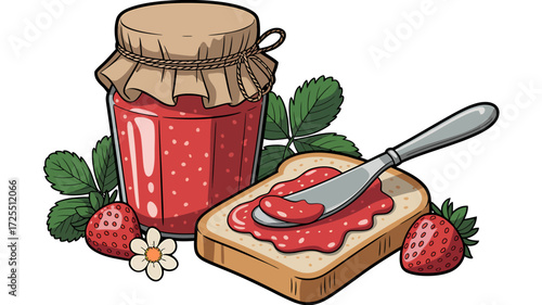 Delicious strawberry jam on toast isolated on white background, vector illustration