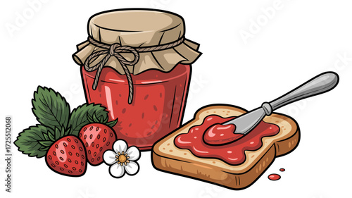 Strawberry jam with toast isolated on white background, a sweet breakfast