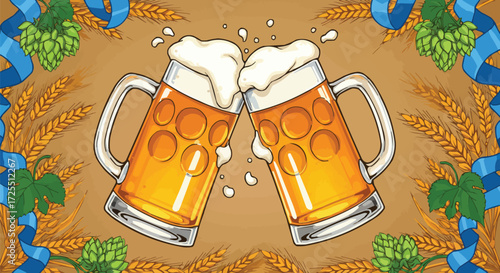 Two beer steins clinking together in a toast.