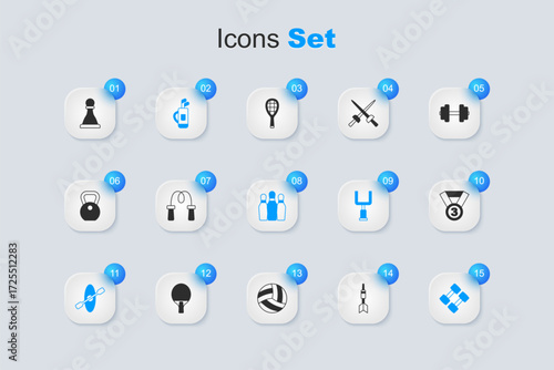 Set Dart arrow, Jump rope, Golf bag with clubs, Kayak and paddle, Dumbbell, Medal, Chess and Bowling pin icon. Vector