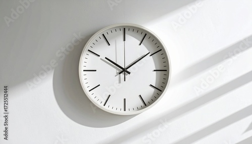 A minimalist white analog clock mounted on a white wall, casting shadows from light filtering through blinds