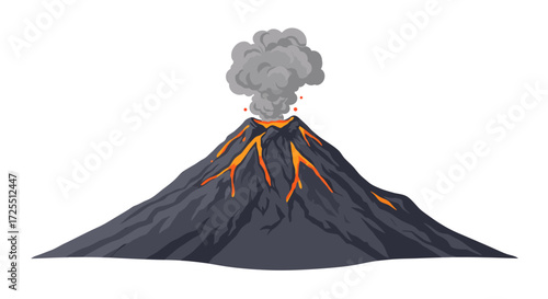 Cartoon Volcano Erupting with Lava and Gray Smoke Cloud.