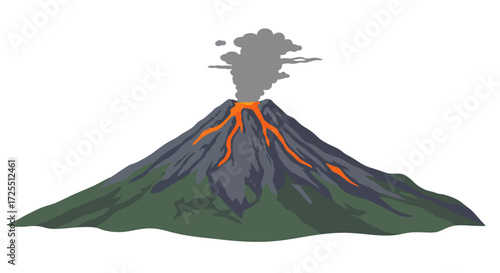 Cartoon Volcano Erupting with Lava and Smoke Gray and Green Slopes.