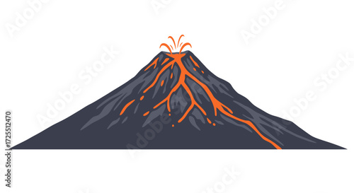 Cartoon Volcano Erupting with Orange Lava Flowing Down the Dark Mountain.