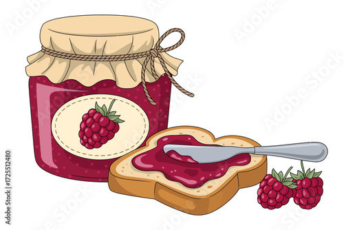 Raspberry jam in jar with toast and knife isolated on white background