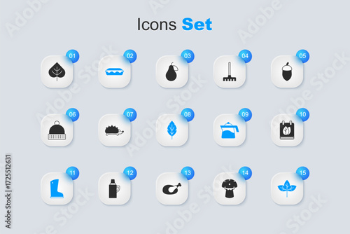 Set Mushroom, Hedgehog, Homemade pie, Waterproof rubber boot, Leaf, Calendar with autumn leaves, and icon. Vector