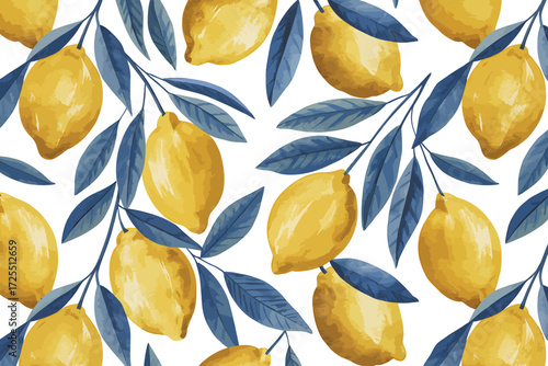 Seamless pattern with watercolor lemons and blue leaves on white background