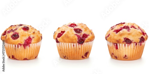 three cranberry muffins on white; baked goods