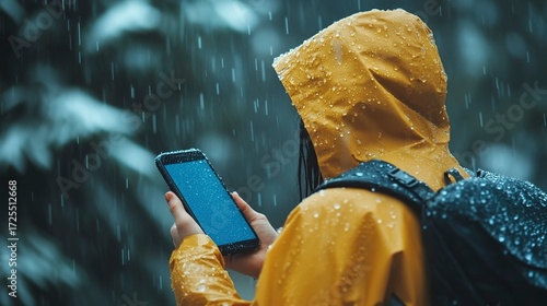 Traveler checks waterproof phone in heavy rain while enjoying the outdoors during a wet day