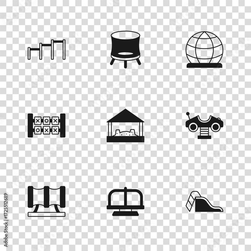 Set Attraction carousel, Swing, Slide playground, Sandbox with sand, Playground climbing equipment, Sport horizontal bar, Jumping trampoline and Education logic game icon. Vector