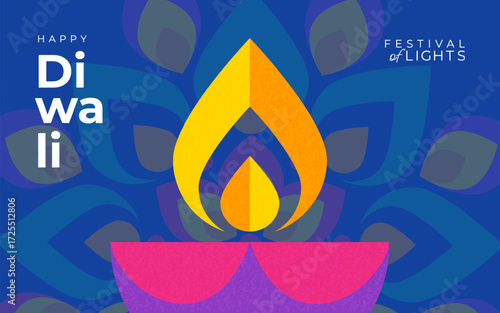 Happy Diwali modern design in trendy geometric style with diya lamp, mandala. Indian festival of lights. Holiday background for card, banner, cover, poster
