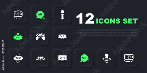 Set VR controller game, 3d modeling, Gamepad, Virtual reality, glasses, 360 degree view, Augmented AR and icon. Vector