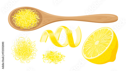 Lemon zest and half lemon isolated on white background, vector illustration