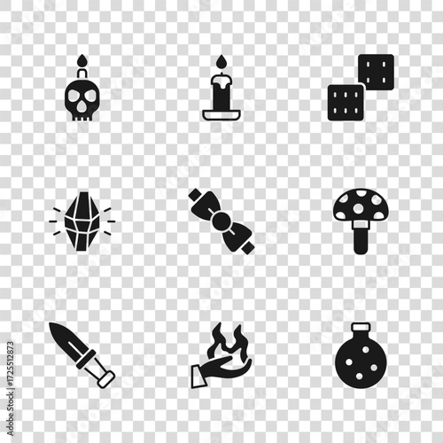 Set Hand holding fire, Psilocybin mushroom, Bottle with potion, Bow tie, Game dice, Burning candle skull, and Magic stone icon. Vector