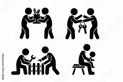 Stick figure pictogram of people helping each other isolated on white background