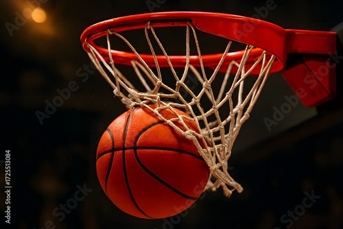 basketball close up mid air shot on indoor court with dramatic lighting and detailed hoop