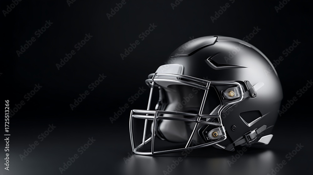 Naklejka premium Black American Football Helmet with Silver Facemask on Dark Background