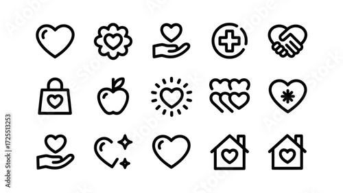 Collection of heart icons for love, care, and support isolated on white background