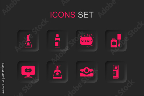 Set Cream or lotion cosmetic tube, Essential oil bottle, Bottle of nail polish, Acne, Shaving gel foam, Bar soap and Smiling lips icon. Vector