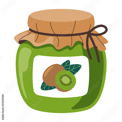 A jar of kiwi jam isolated on white background, homemade preserve illustration