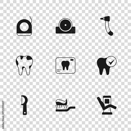Set Toothbrush with toothpaste, Medical dental chair, X-ray of, drill, Dental floss, Otolaryngological head reflector and Broken icon. Vector