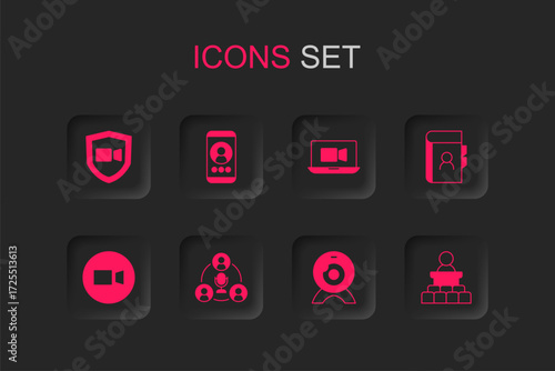 Set Meeting, Video chat conference, Web camera, Phone book, Speaker, and icon. Vector