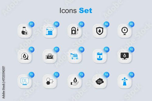 Set CO2 emissions in cloud, Oil pipe with valve, and gas industrial factory, Word oil, rig, drop dollar symbol, petrol test tube and platform the sea icon. Vector