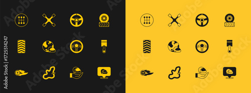 Set Car tire wheel, Racing track, steering, helmet, Gear shifter and Wheel wrench icon. Vector