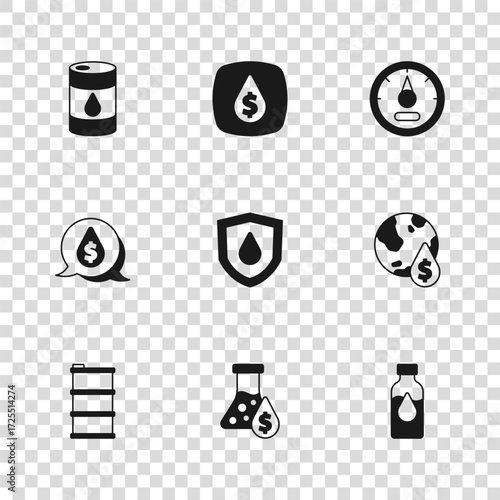 Set Oil petrol test tube, drop with dollar symbol, on shield, Motor gas gauge, Barrel oil, and icon. Vector