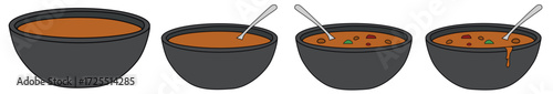 soup or stew; four ways. the simple bowl, the spoon, the chunky broth and the dripping over