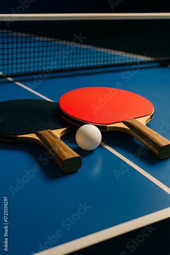 close up indoor table tennis setup with paddles and ball on royal blue court