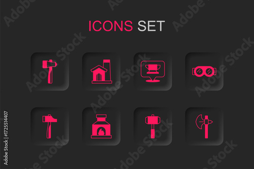 Set Blacksmith oven, Smithy workshop interior, Hammer, Sledgehammer, Welding glasses, Medieval axe, anvil tool and icon. Vector