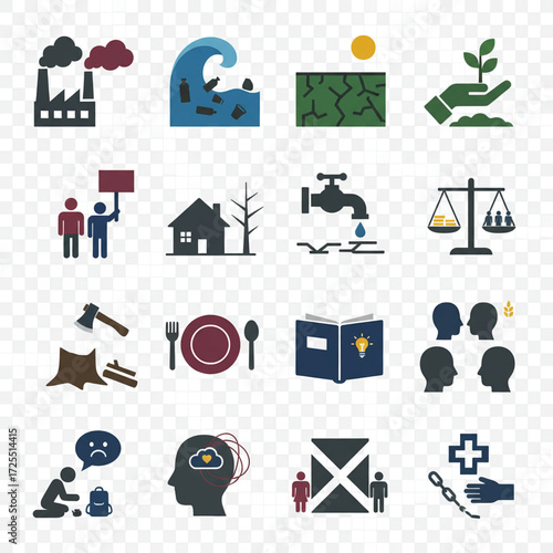 Environmental and Social Issues Icon Set Climate Change, Deforestation, Pollution, and More