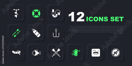 Set Winter fishing, Speaker mute, Aqualung, Swiss army knife, Oars or paddles boat, Fish, Lifebuoy and Crossed oars icon. Vector