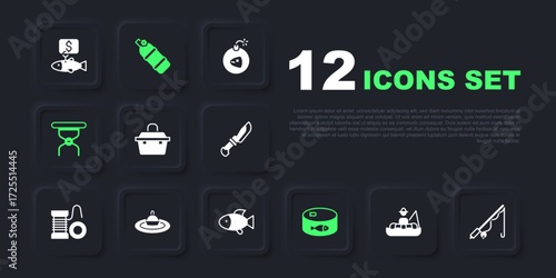 Set Fisherman in boat, Fishing rod, Case or box for fishing equipment, Canned, Camping folding chair, float water, Aqualung and icon. Vector