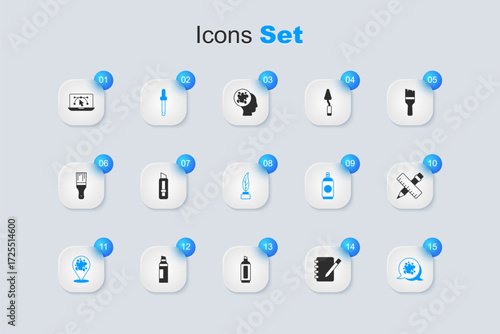 Set Notebook, Stationery knife, Eyedropper color picker palette, Paint spray, Crossed ruler and pencil, Computer with design program and Feather inkwell icon. Vector