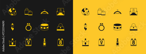 Set Envelope with 8 March, Calendar, Gift box and heart, Champagne bottle, Diamond engagement ring, Hanger wardrobe, International Women Day and Paper shopping bag icon. Vector