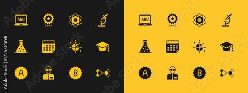 Set Microscope, Teacher, Trigonometric circle, Exam paper with incorrect answers, School timetable, Atom, Laptop and Medal star icon. Vector