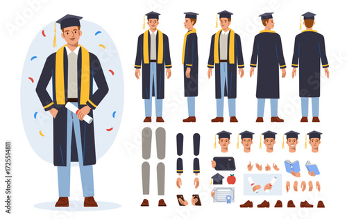 Graduated student man wearing academic cap and gown holding graduate diploma. Character constructor for animation. Front, side, back view collection. Body parts, poses set. Vector illustration.
