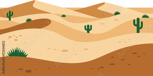 Vibrant desert landscape with cacti and rolling sand dunes under a bright blue sky isolated on transparent background