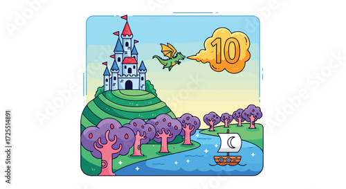 Enchanted land illustration showcasing a castle, a playful dragon exhaling numbered smoke, and a whimsical boat voyage in fairytale world