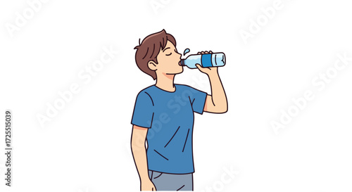 Young man drinking water from bottle illustration showcasing hydration and healthy lifestyle choices ideal for health and wellness campaigns