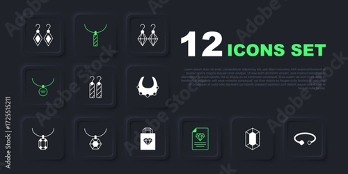 Set Gem stone, Bracelet jewelry, Earrings, Certificate of the diamond, Locket necklace, Pendant, and Shopping bag icon. Vector