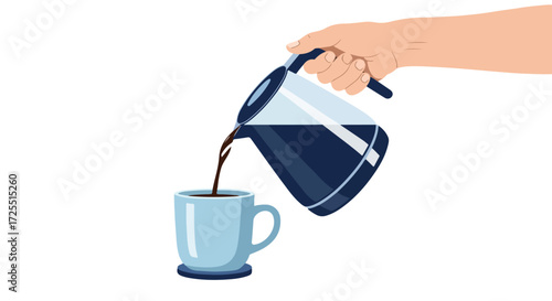 Freshly brewed coffee pouring seamlessly from a stylish kettle into a waiting mug showcasing relaxation