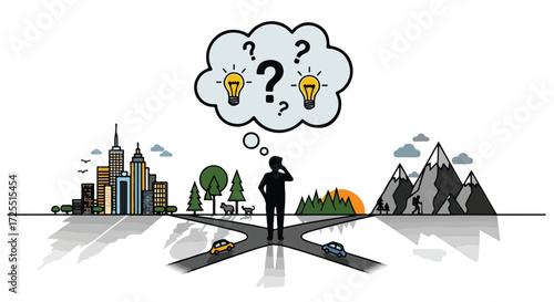 Dilemma illustration depicting a person considering urban life versus rural escape with bright ideas