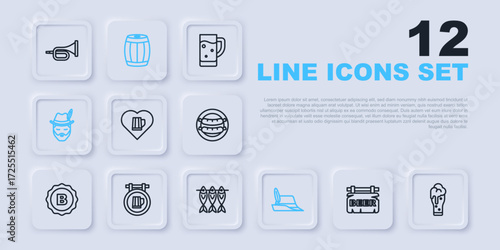 Set line Street signboard with Beer, Glass of beer, Heart glass, Oktoberfest hat, man, Wooden barrel and Dried fish icon. Vector