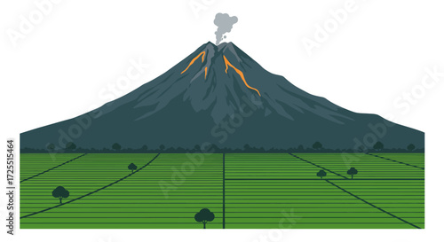 Volcanic Landscape with Lush Rice Paddies.