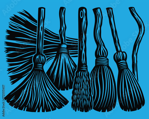 Illustration of Antique Brooms in Black on Blue Background for Cleaning Concepts