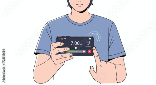 Person Setting Up Smart Phone Alarm for Morning Wake-Up Call Digital Interface Design for Time Management App Cartoon Image