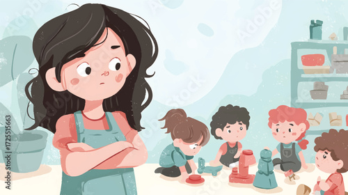 Girl watching children play in classroom